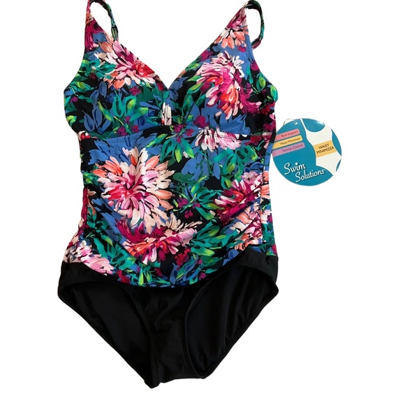 NWT Swim Solutions Black Floral Waist Minimizing‎ One Piece Swimsuit Size 16 - Picture 2 of 7